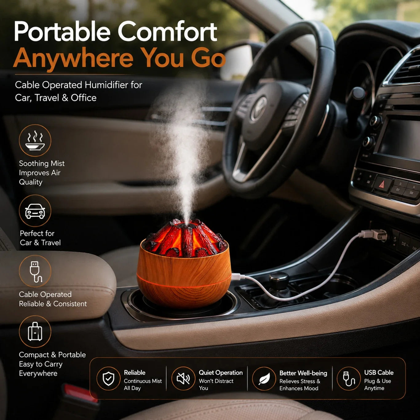 Volcano Flame Aroma Diffuser 300 ml Ultrasonic Cool Mist Humidifier with LED Flame Effect, Essential Oil Diffuser, Continuous & Interval Spray Modes for Bedroom, Home, Office, Yoga Room