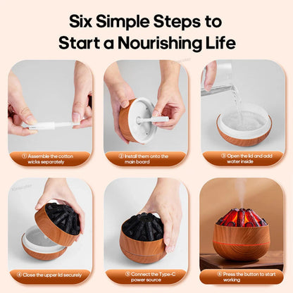 Volcano Flame Aroma Diffuser 300 ml Ultrasonic Cool Mist Humidifier with LED Flame Effect, Essential Oil Diffuser, Continuous & Interval Spray Modes for Bedroom, Home, Office, Yoga Room