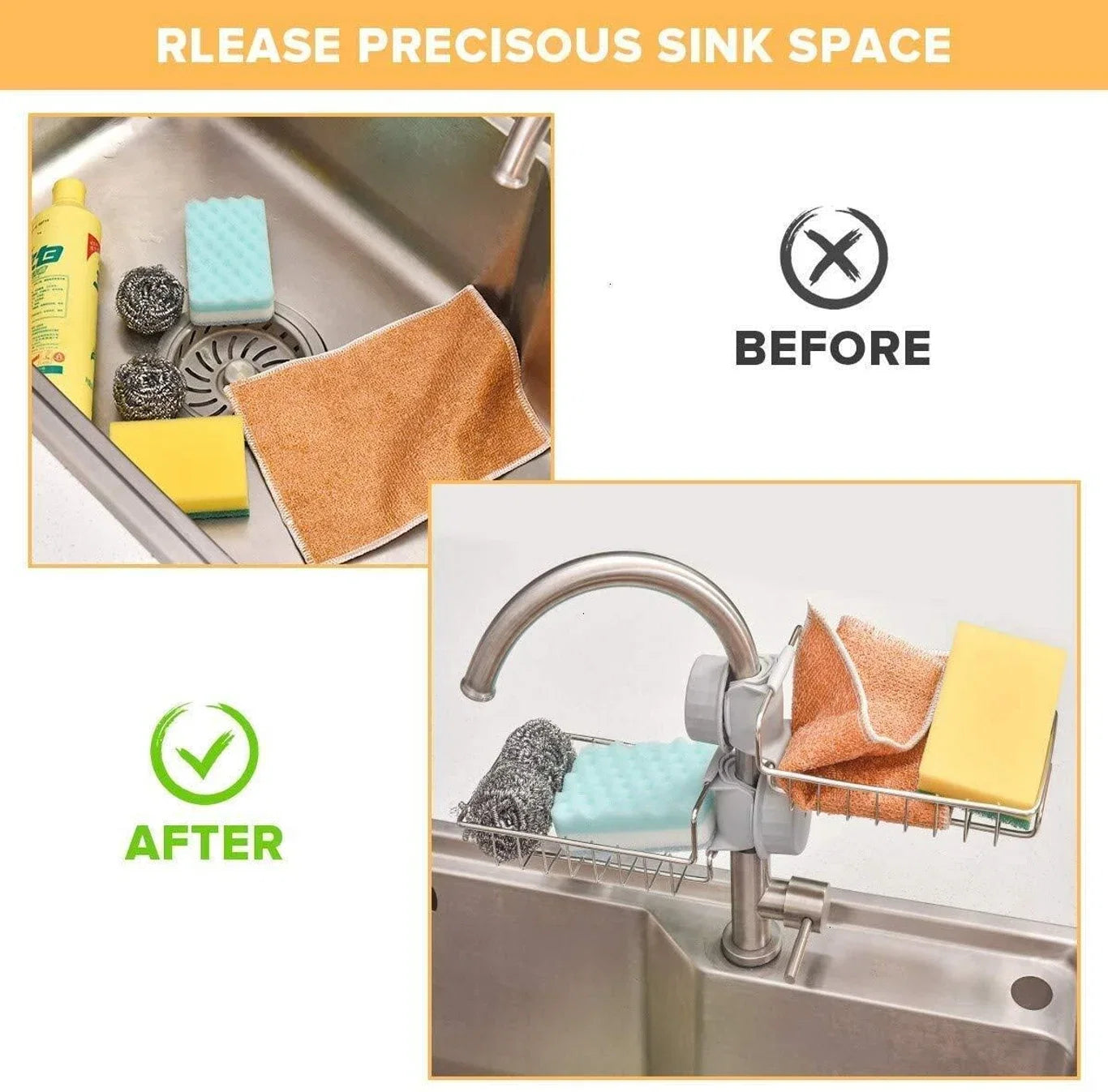 Stainless Steel Sink Caddy Organizer, Sink Faucet Stand, Tap Organiser Clip Storage Rack for Kitchen & Bathroom, Space-Saving Design for Easy Access to Cleaning Essentials