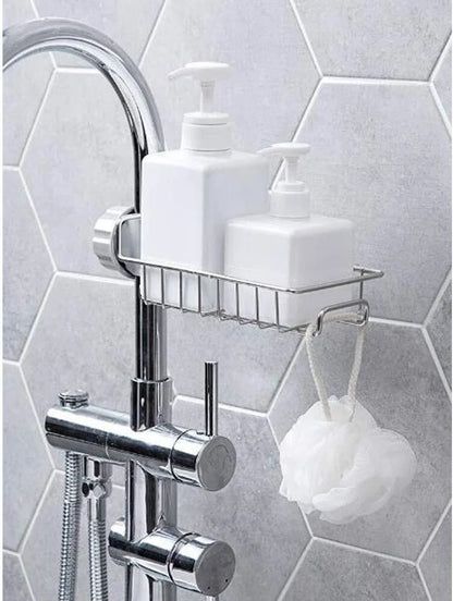 Stainless Steel Sink Caddy Organizer, Sink Faucet Stand, Tap Organiser Clip Storage Rack for Kitchen & Bathroom, Space-Saving Design for Easy Access to Cleaning Essentials
