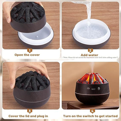Volcano Flame Aroma Diffuser 300 ml Ultrasonic Cool Mist Humidifier with LED Flame Effect, Essential Oil Diffuser, Continuous & Interval Spray Modes for Bedroom, Home, Office, Yoga Room
