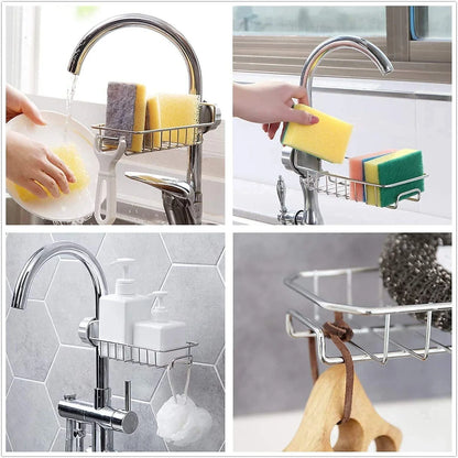 Stainless Steel Sink Caddy Organizer, Sink Faucet Stand, Tap Organiser Clip Storage Rack for Kitchen & Bathroom, Space-Saving Design for Easy Access to Cleaning Essentials