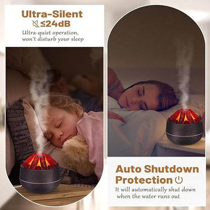 Volcano Flame Aroma Diffuser 300 ml Ultrasonic Cool Mist Humidifier with LED Flame Effect, Essential Oil Diffuser, Continuous & Interval Spray Modes for Bedroom, Home, Office, Yoga Room