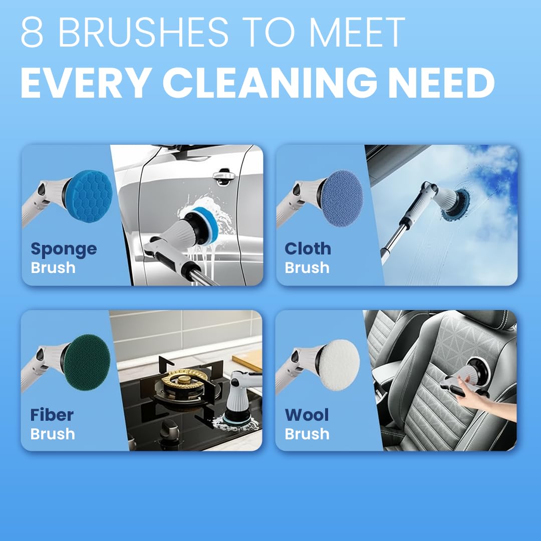 9 in 1 Electric Spin Scrubber | Rechargeable Cleaning Brush with 9 Heads & Adjustable Handle | Bathroom, Kitchen, Floor & Car Cleaning Tool