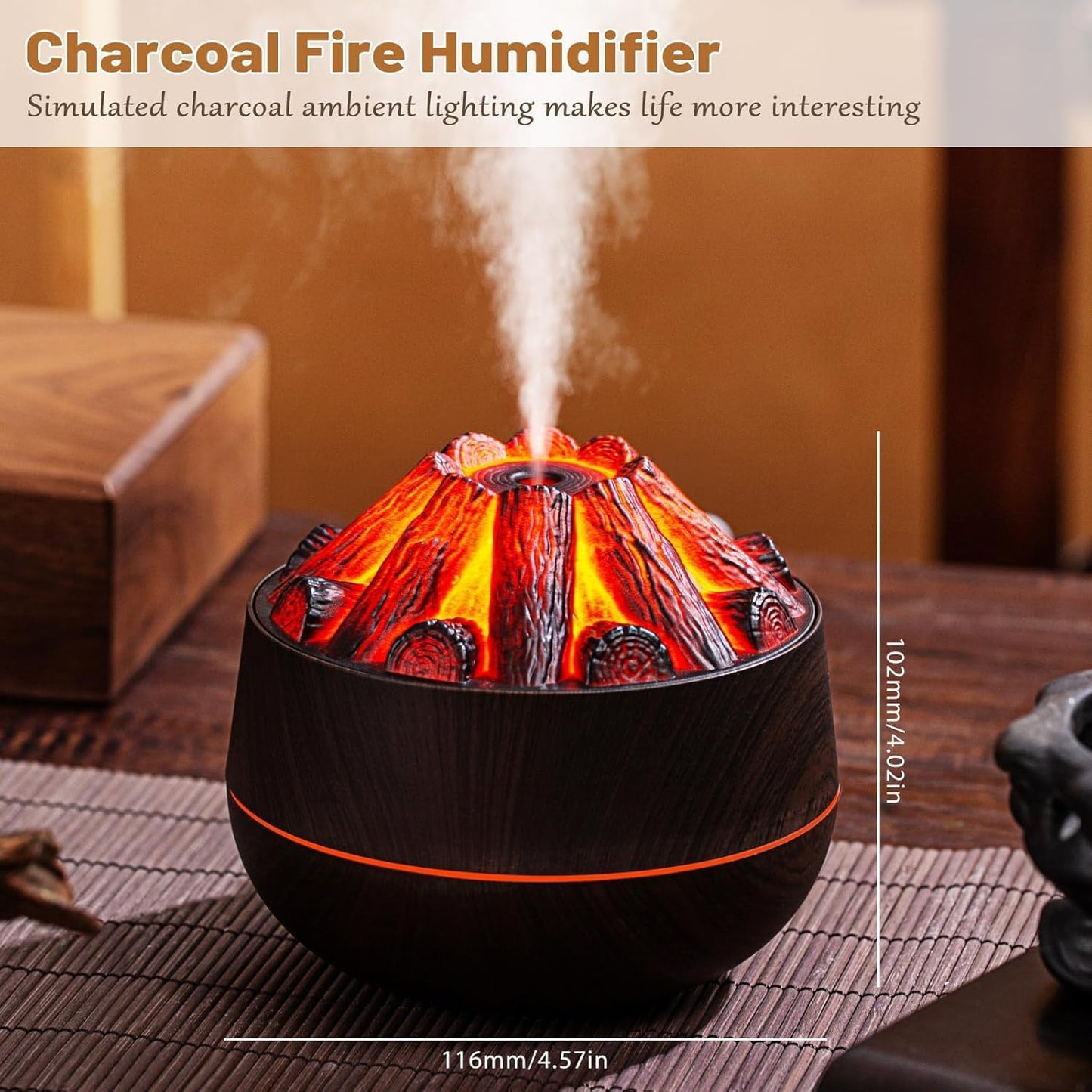 Volcano Flame Aroma Diffuser 300 ml Ultrasonic Cool Mist Humidifier with LED Flame Effect, Essential Oil Diffuser, Continuous & Interval Spray Modes for Bedroom, Home, Office, Yoga Room