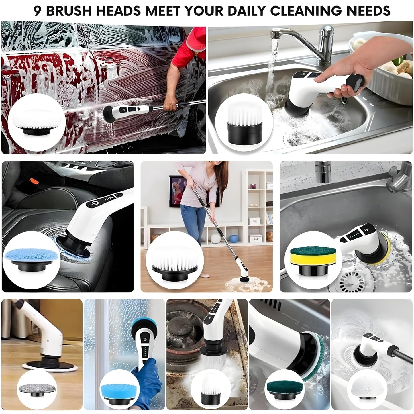 9 in 1 Electric Spin Scrubber | Rechargeable Cleaning Brush with 9 Heads & Adjustable Handle | Bathroom, Kitchen, Floor & Car Cleaning Tool