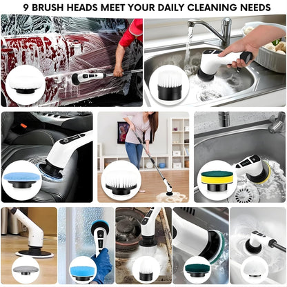 9 in 1 Electric Spin Scrubber | Rechargeable Cleaning Brush with 9 Heads & Adjustable Handle | Bathroom, Kitchen, Floor & Car Cleaning Tool