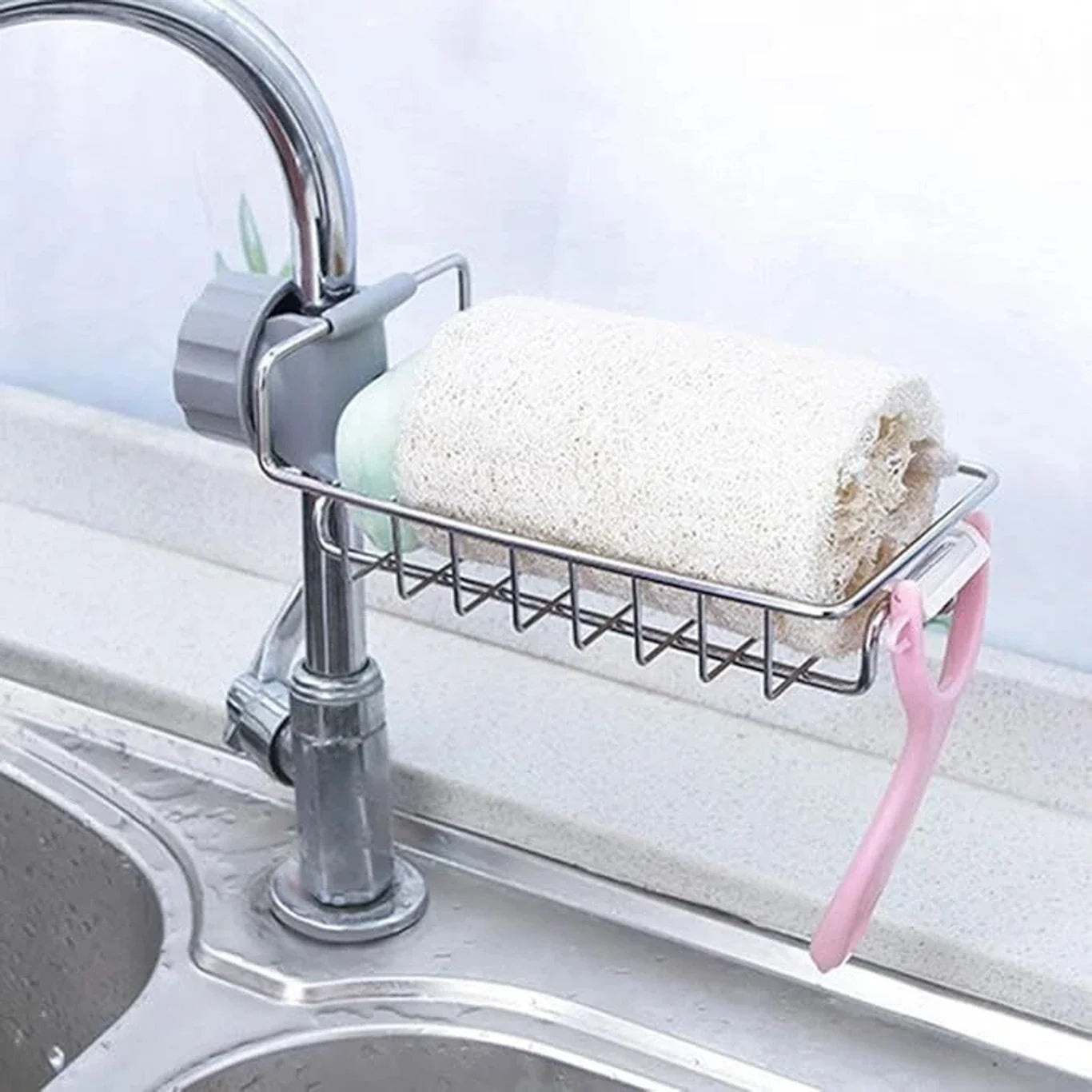 Stainless Steel Sink Caddy Organizer, Sink Faucet Stand, Tap Organiser Clip Storage Rack for Kitchen & Bathroom, Space-Saving Design for Easy Access to Cleaning Essentials
