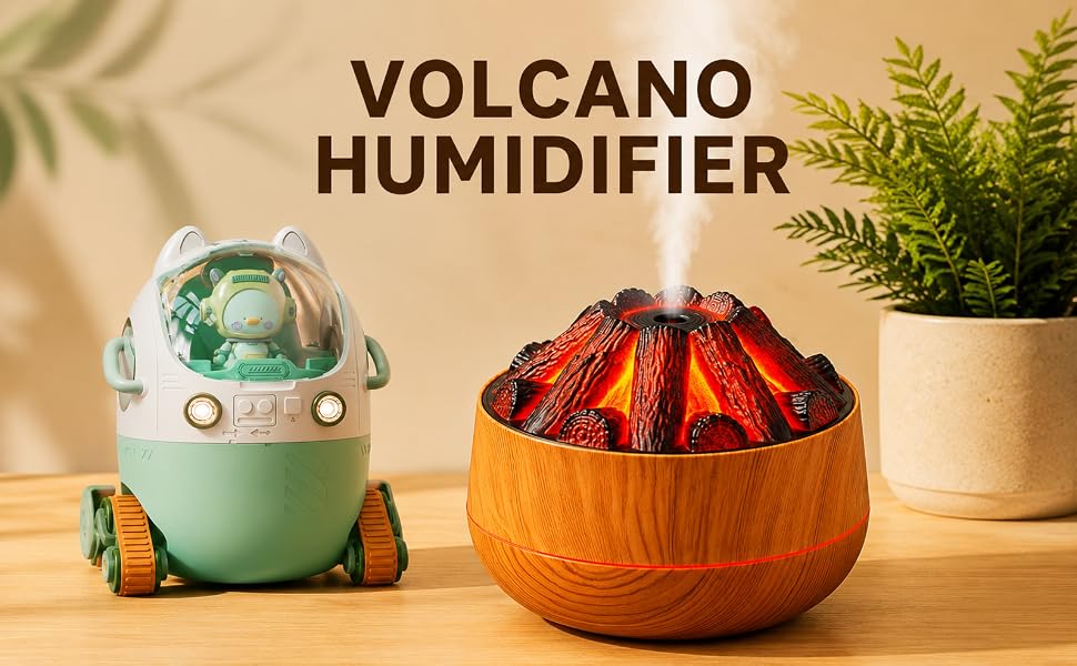 Volcano Flame Aroma Diffuser 300 ml Ultrasonic Cool Mist Humidifier with LED Flame Effect, Essential Oil Diffuser, Continuous & Interval Spray Modes for Bedroom, Home, Office, Yoga Room