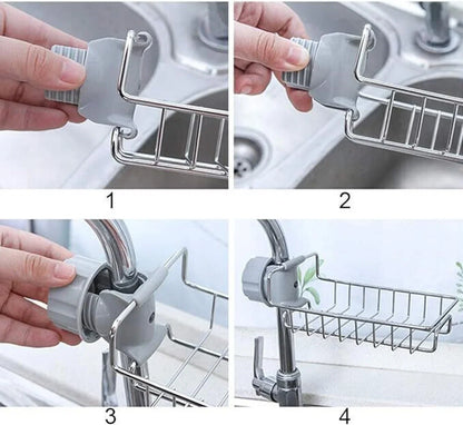 Stainless Steel Sink Caddy Organizer, Sink Faucet Stand, Tap Organiser Clip Storage Rack for Kitchen & Bathroom, Space-Saving Design for Easy Access to Cleaning Essentials