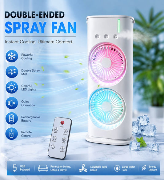 JELIACASA Double Ended Spray Fan, Cold Air Fan, USB Rechargeable fan with LED Light Cooler, Touch & Remote Control, 280ml Water Tank, Ice Filling USB Fan (White)