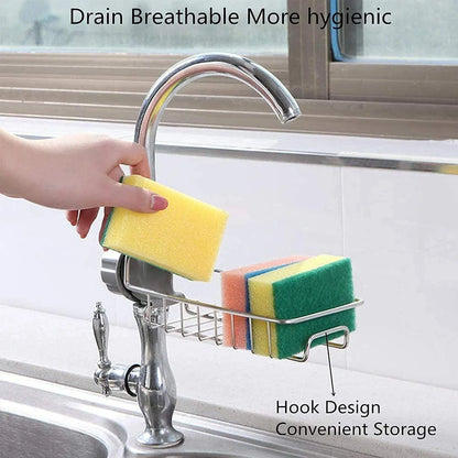Stainless Steel Sink Caddy Organizer, Sink Faucet Stand, Tap Organiser Clip Storage Rack for Kitchen & Bathroom, Space-Saving Design for Easy Access to Cleaning Essentials