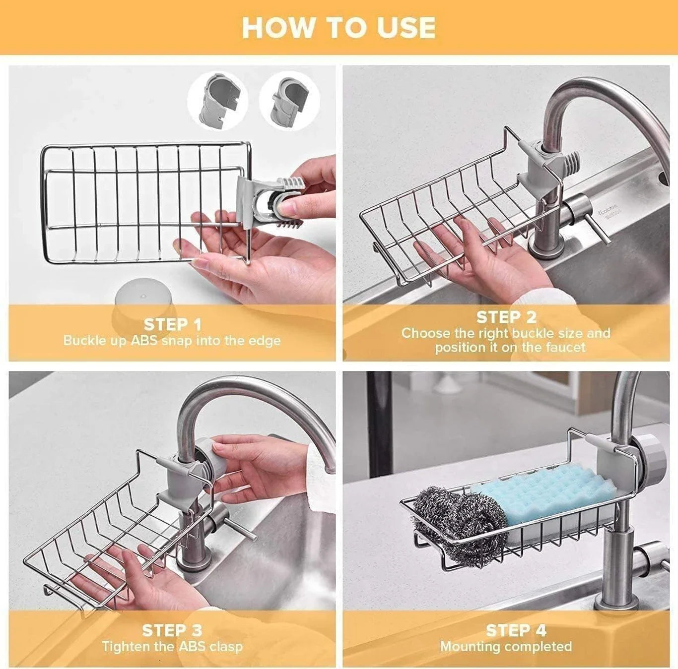 Stainless Steel Sink Caddy Organizer, Sink Faucet Stand, Tap Organiser Clip Storage Rack for Kitchen & Bathroom, Space-Saving Design for Easy Access to Cleaning Essentials