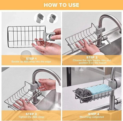 Stainless Steel Sink Caddy Organizer, Sink Faucet Stand, Tap Organiser Clip Storage Rack for Kitchen & Bathroom, Space-Saving Design for Easy Access to Cleaning Essentials