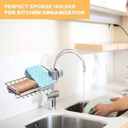 Stainless Steel Sink Caddy Organizer, Sink Faucet Stand, Tap Organiser Clip Storage Rack for Kitchen & Bathroom, Space-Saving Design for Easy Access to Cleaning Essentials