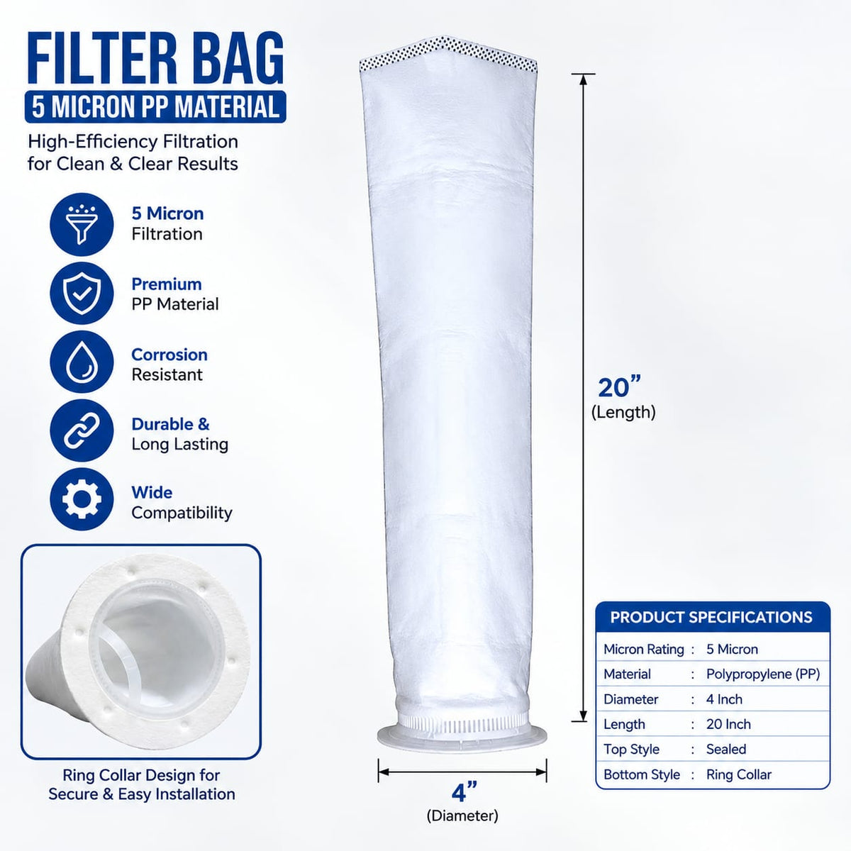 JELIACASA, Virgin Bag Filter 20-Inch For Water Tank with Balls (1.5-inch Inlet-Outlet) Solid Filter Cartridge (Pack of 1)