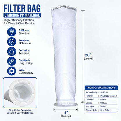JELIACASA, Virgin Bag Filter 20-Inch For Water Tank with Balls (1.5-inch Inlet-Outlet) Solid Filter Cartridge (Pack of 1)