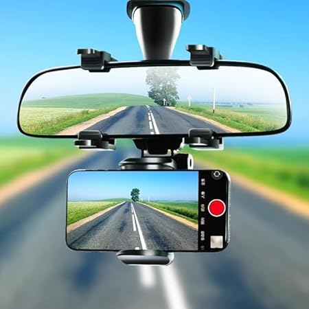 Car Rear View Mirror Phone Holder - Anti Shake Fall Prevention | 360 Degree Rotation | Adjustable Car Mount Holder for All Mobiles