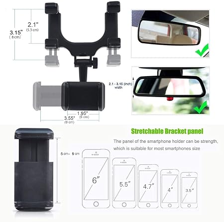 Car Rear View Mirror Phone Holder - Anti Shake Fall Prevention | 360 Degree Rotation | Adjustable Car Mount Holder for All Mobiles