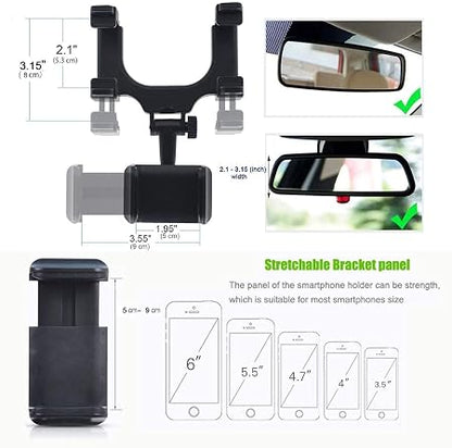 Car Rear View Mirror Phone Holder - Anti Shake Fall Prevention | 360 Degree Rotation | Adjustable Car Mount Holder for All Mobiles