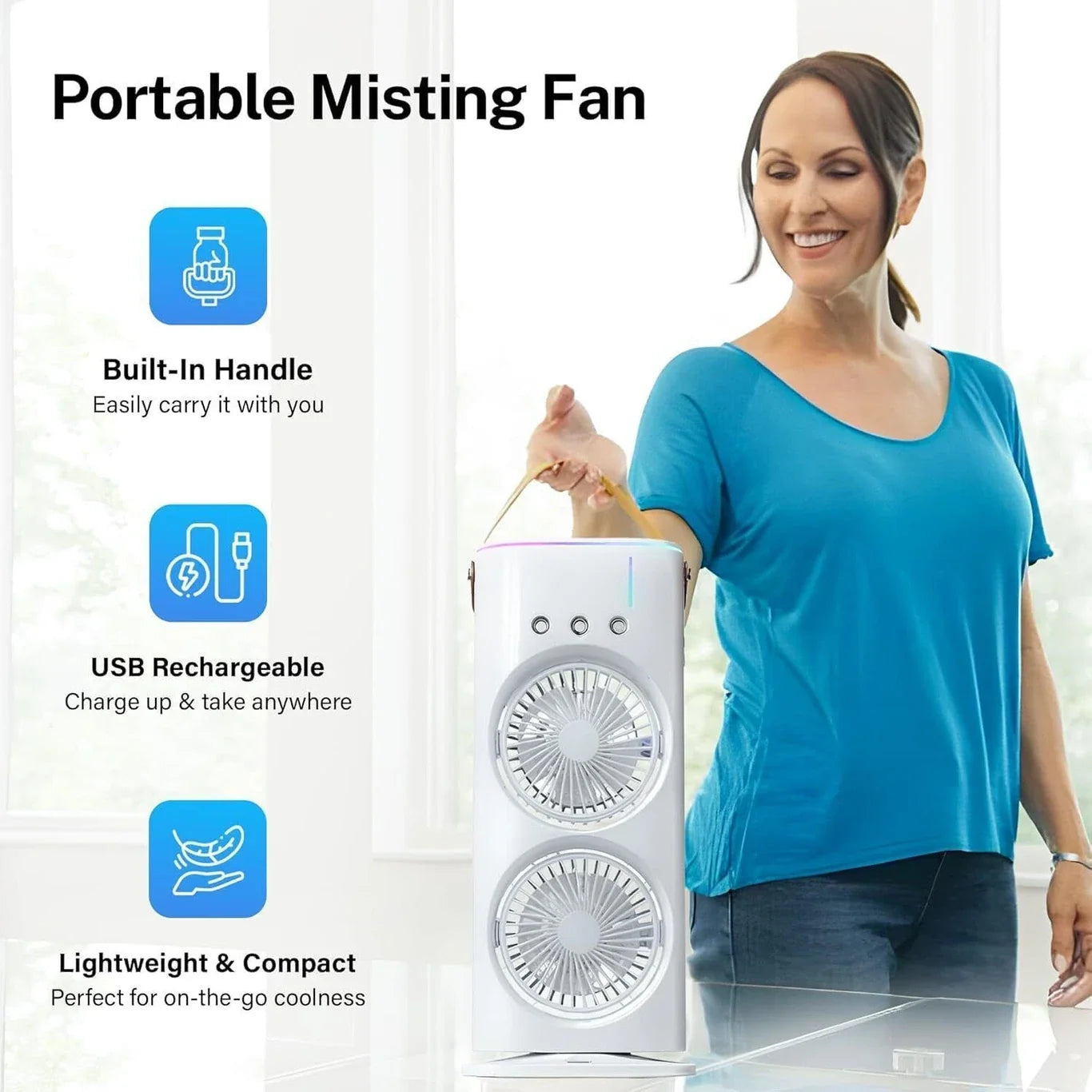 JELIACASA Double Ended Spray Fan, Cold Air Fan, USB Rechargeable fan with LED Light Cooler, Touch & Remote Control, 280ml Water Tank, Ice Filling USB Fan (White)