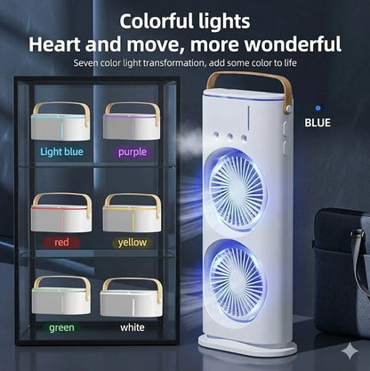 JELIACASA Double Ended Spray Fan, Cold Air Fan, USB Rechargeable fan with LED Light Cooler, Touch & Remote Control, 280ml Water Tank, Ice Filling USB Fan (White)